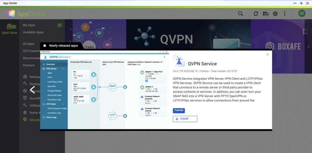 capture d'écran de QVPN service